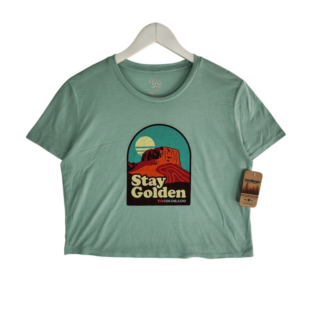 YoColorado Stay Golden Graphic Crop Tee Sage Green Mountain Shirt Womens Medium